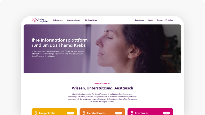 Screenshot der Krebsbegleiter.at-Website mit Informationen und Unterstützung bei Krebserkrankungen